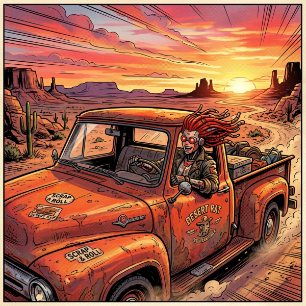 Robot driver with red dreadlocks in rusty pickup truck on desert road at sunset