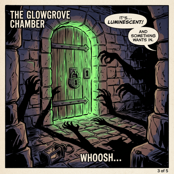 Locked wooden door glowing green with shadowy claws reaching toward it in a stone chamber