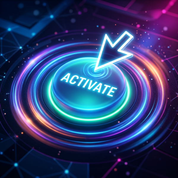Glowing blue and purple activate button with neon arrow and circular light effects
