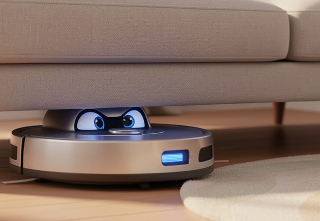 Cozy Mystery robo Vacuum cleaner hiding under the couch