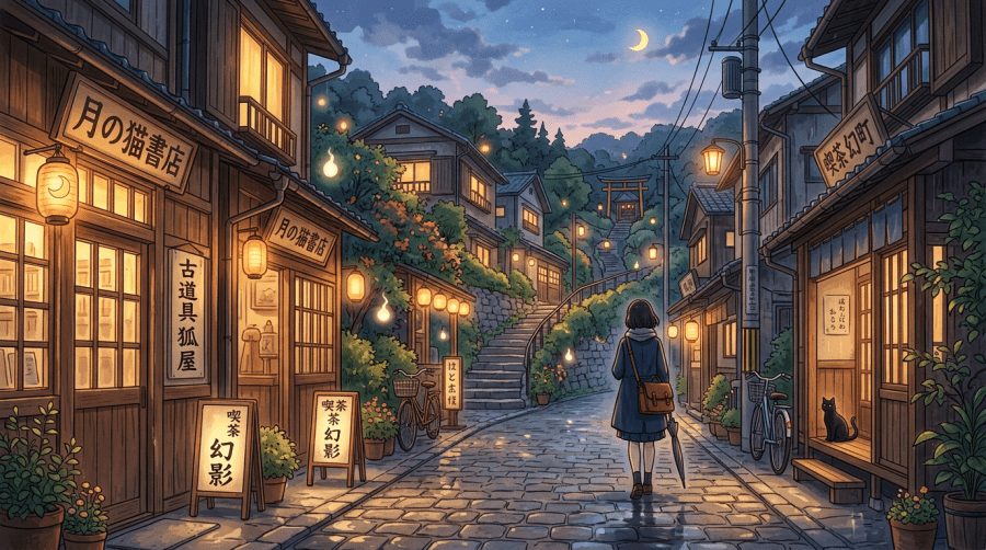 Street scene of a woman walking on a cobblestone road at twilight with lanterns, shops, and a shrine ahead