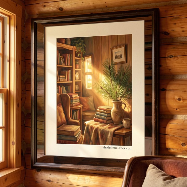 art print of a cozy cabin reading room