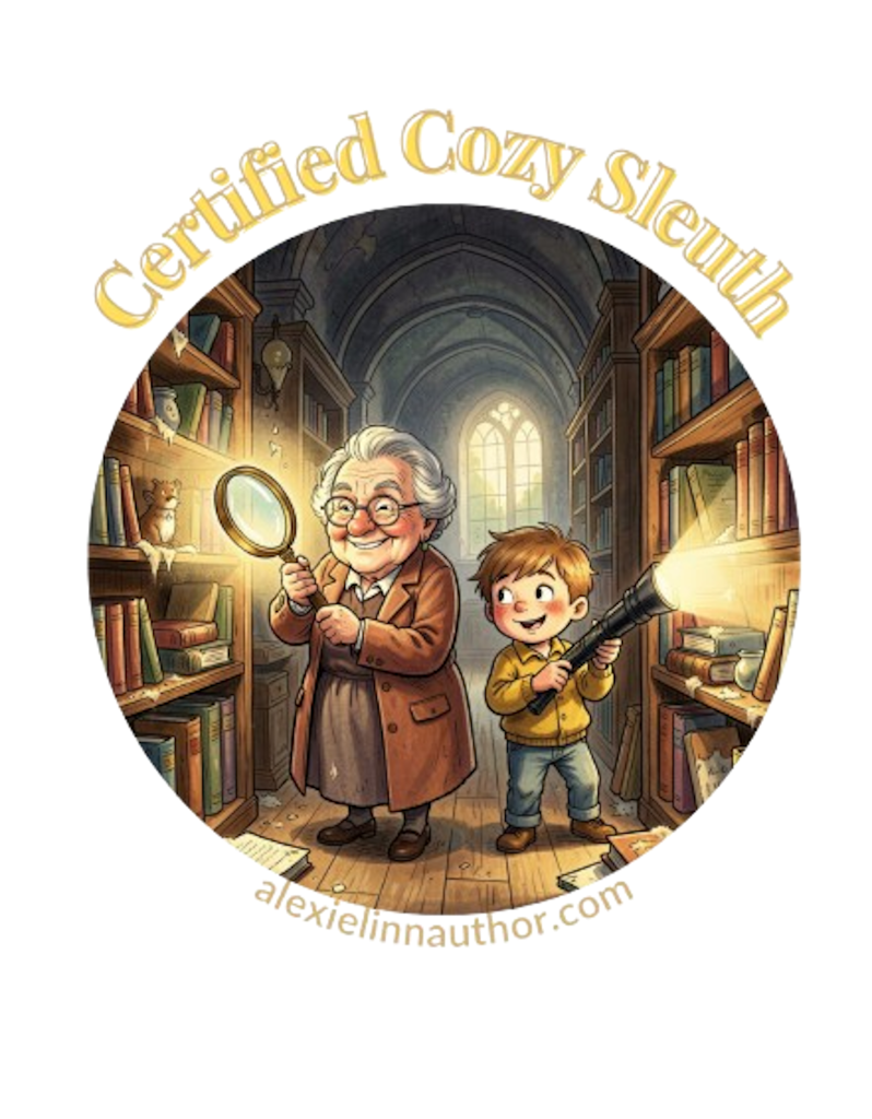 Old woman and young boy in a library searching for clues with a flashlight and magnifying glass.