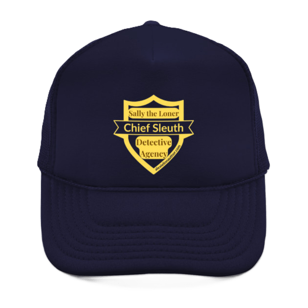 Sally the Loner Chief Sleuth badge on navy hat
