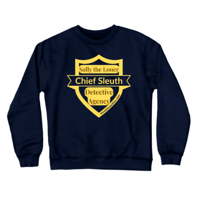 Sally the Loner chief Sleuth badge on navy blue sweatshirt