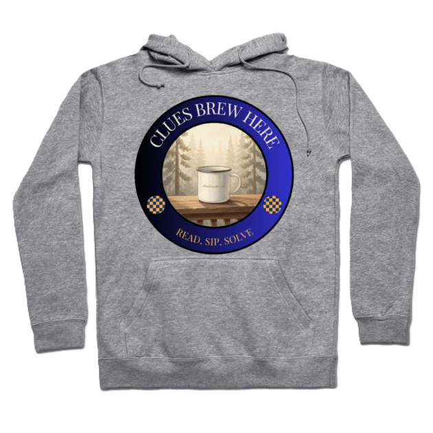 Gray hoodie example with Clues Brew Here design